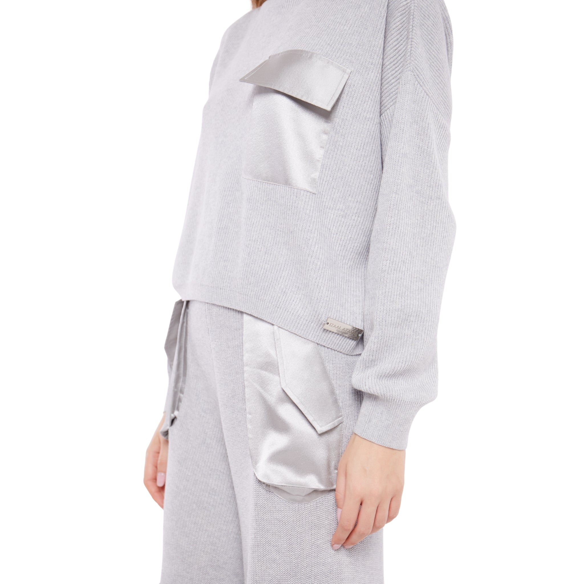 Polo Neck Sweater with Satin Pocket in Ash