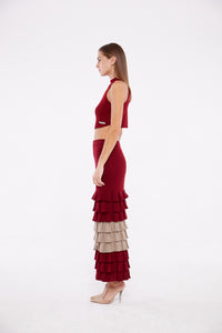 Ruffle Tiered Dual Tone Maxi Skirt in Ruby and Taupe