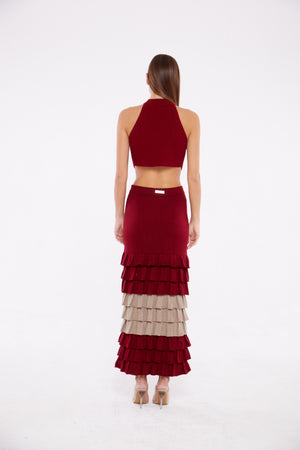 Ruffle Tiered Dual Tone Maxi Skirt in Ruby and Taupe