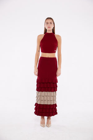 Ruffle Tiered Dual Tone Maxi Skirt in Ruby and Taupe