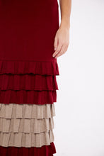 Load image into Gallery viewer, Ruffle Tiered Dual Tone Maxi Skirt in Ruby and Taupe
