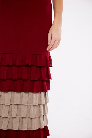 Ruffle Tiered Dual Tone Maxi Skirt in Ruby and Taupe