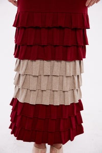 Ruffle Tiered Dual Tone Maxi Skirt in Ruby and Taupe