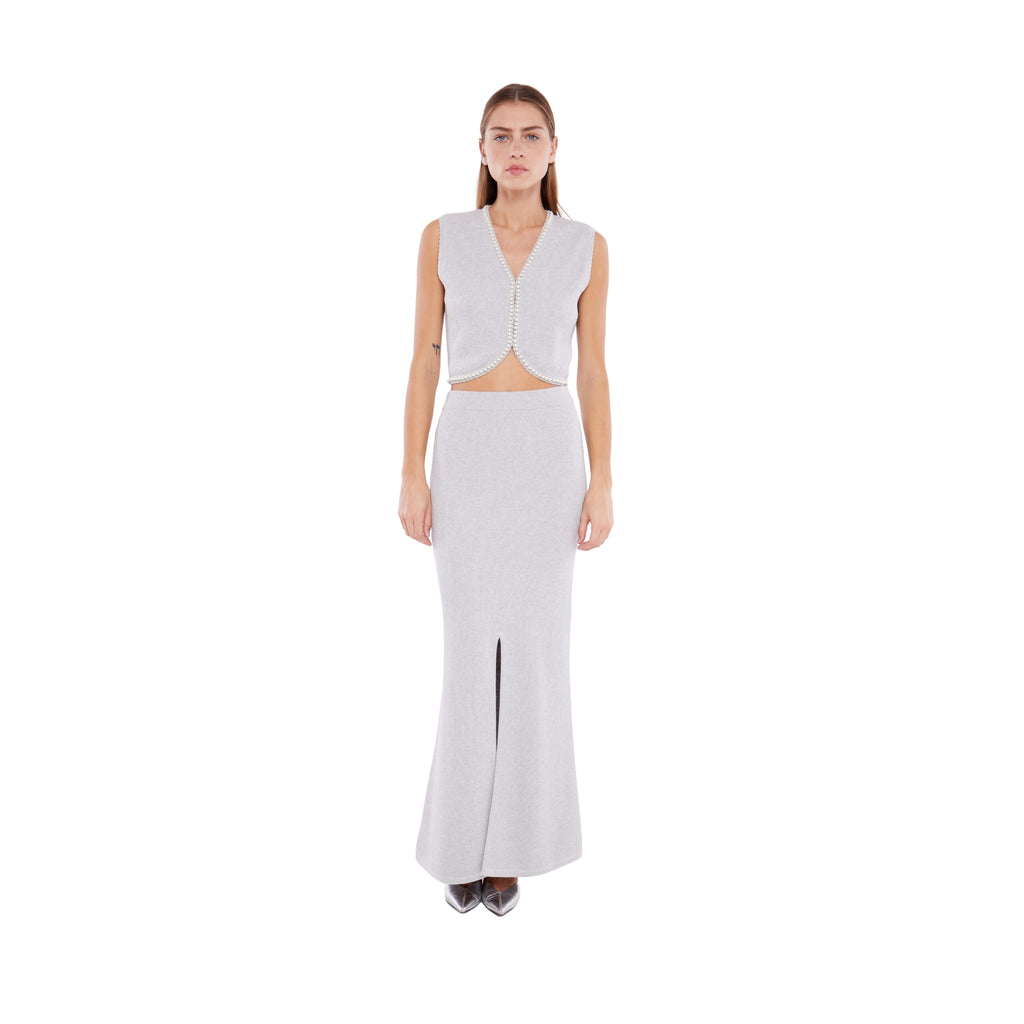 Embellished V-Neck Cropped Waist Coat in Ash