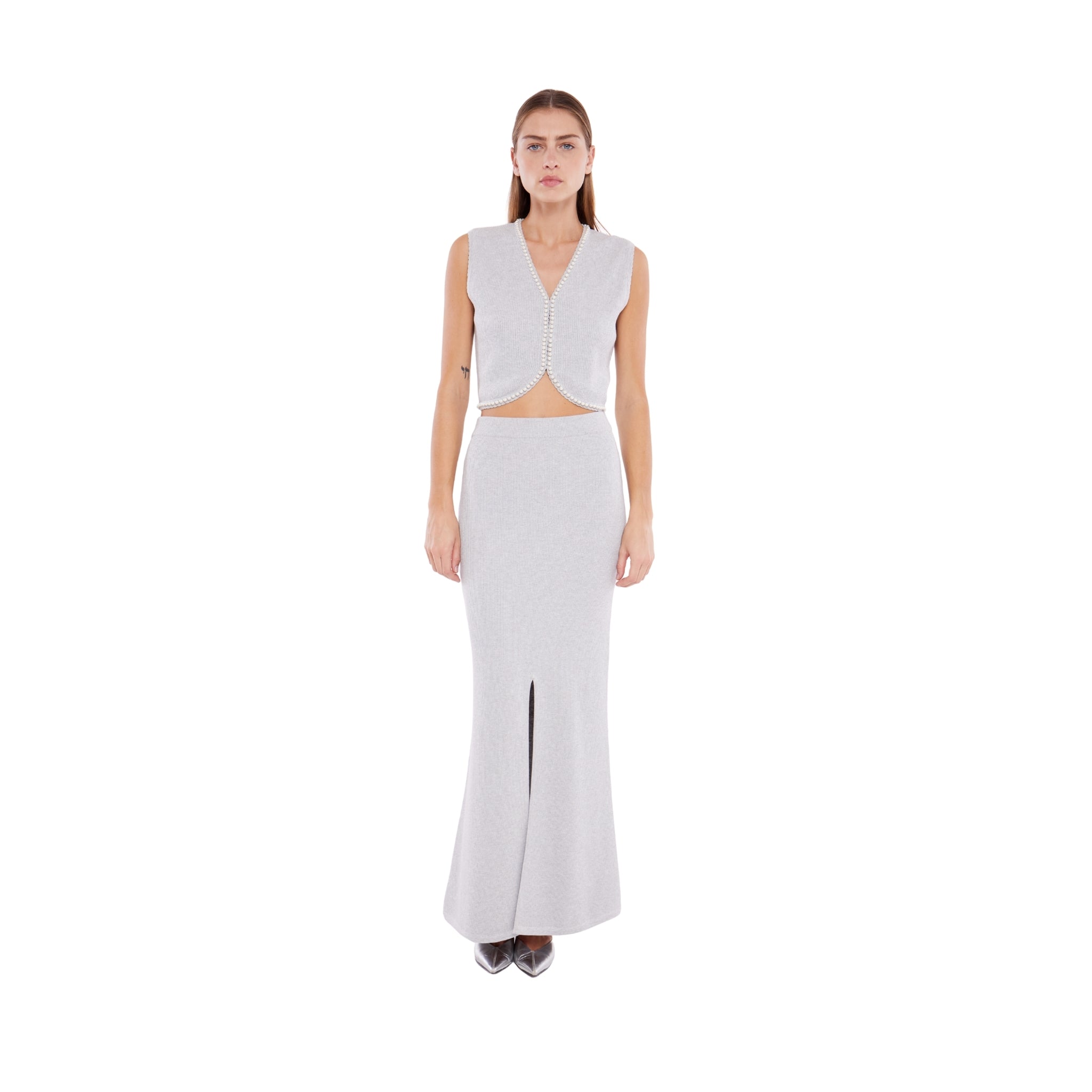 Ribbed Maxi Skirt with Slit in Ash