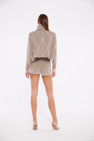 Embellished High Neck Sweater in Taupe