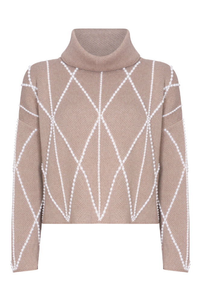 Embellished High Neck Sweater in Taupe