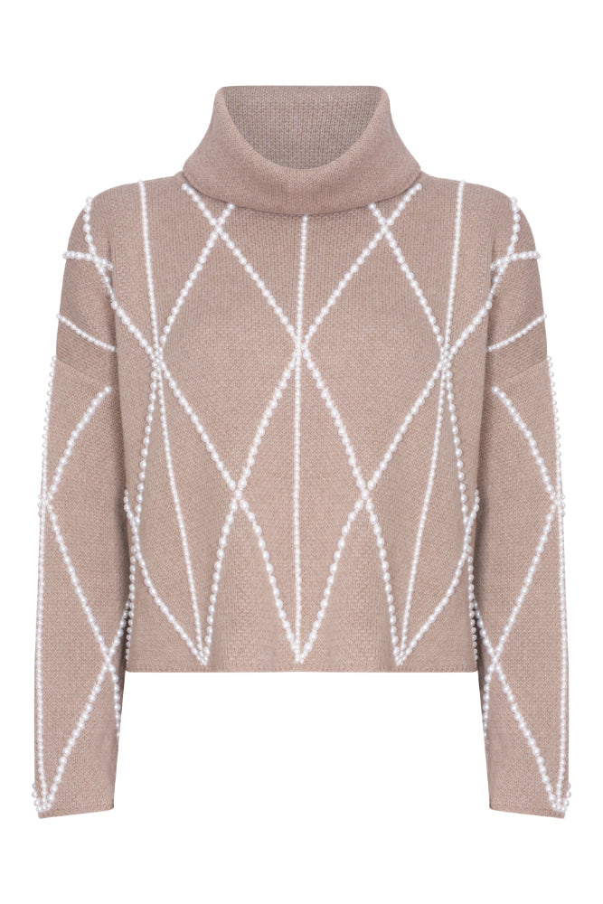 Embellished High Neck Sweater in Taupe