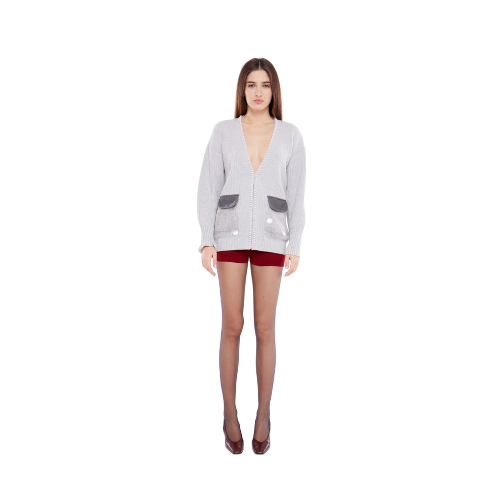 Oversized Cardigan with Embellished Pockets in Ash