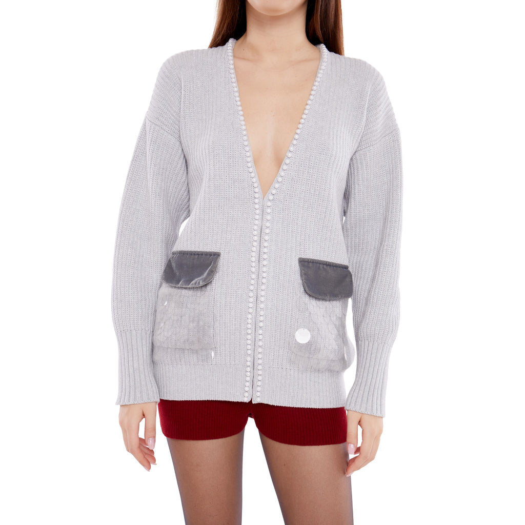 Oversized Cardigan with Embellished Pockets in Ash