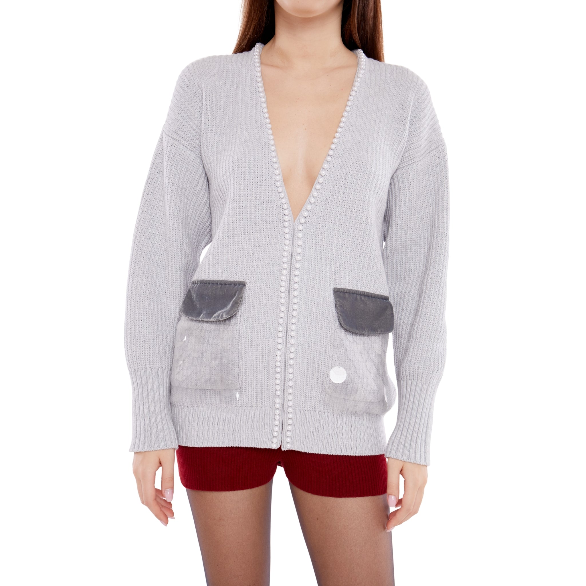 Oversized Cardigan with Embellished Pockets in Ash
