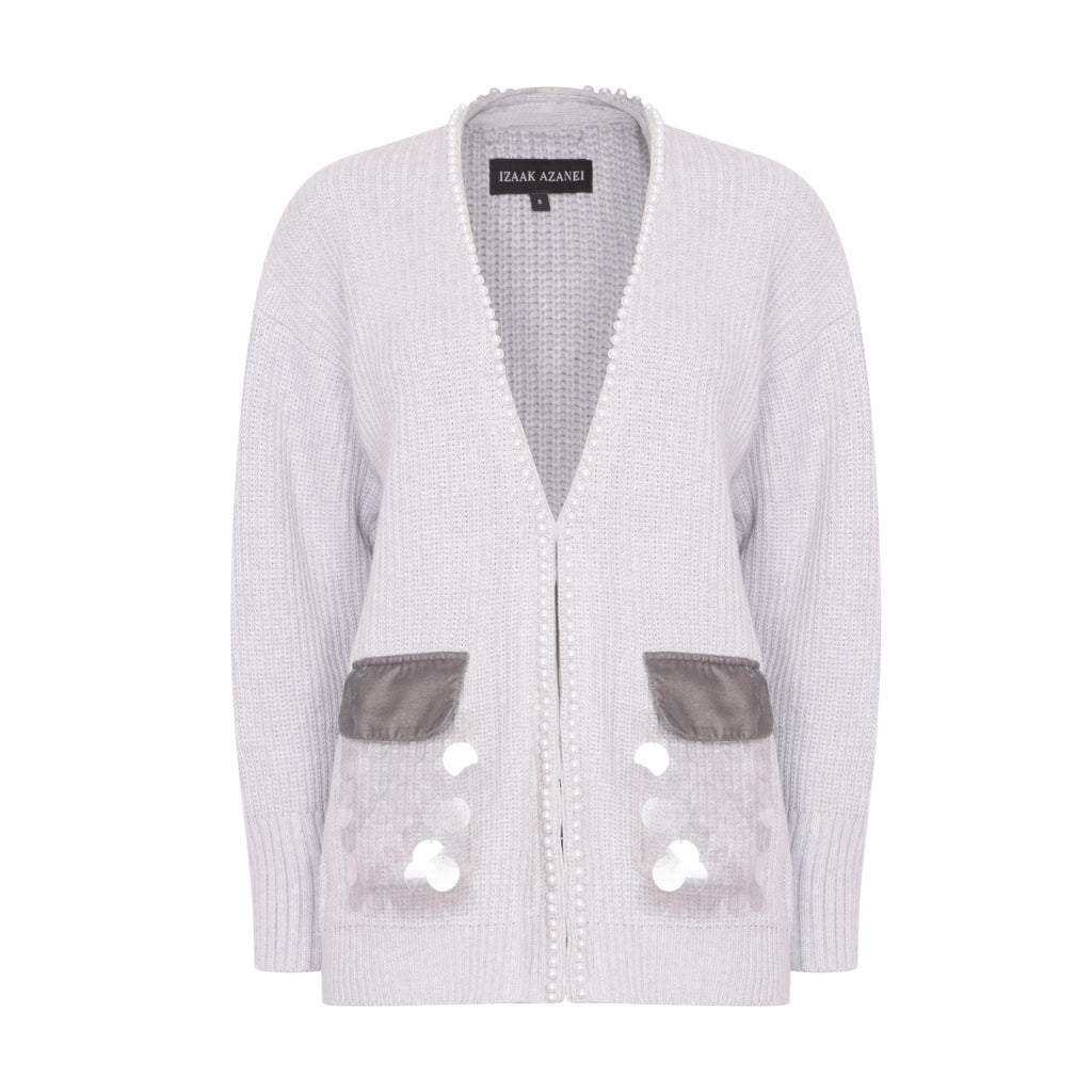 Oversized Cardigan with Embellished Pockets in Ash