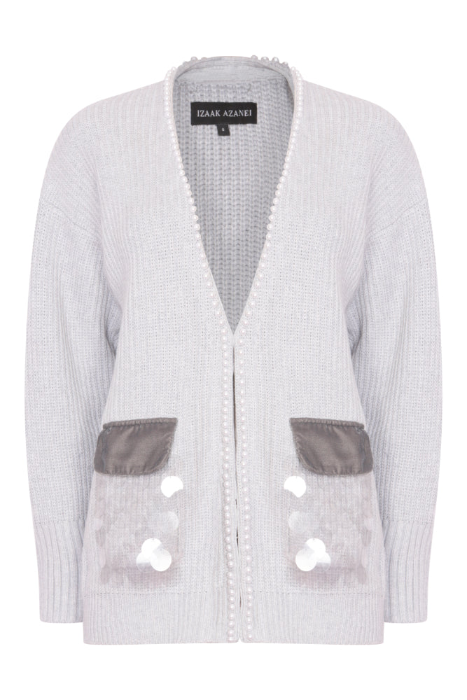 Oversized Cardigan with Embellished Pockets in Ash