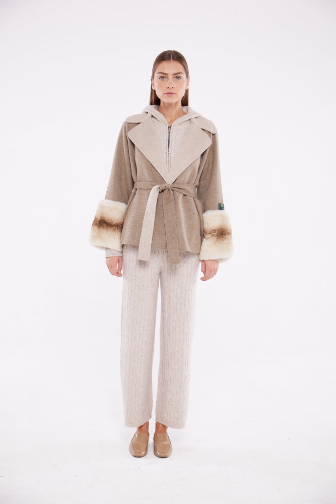 Beige Colour Block Loro Piana Coat With Chinchilla Cuffs