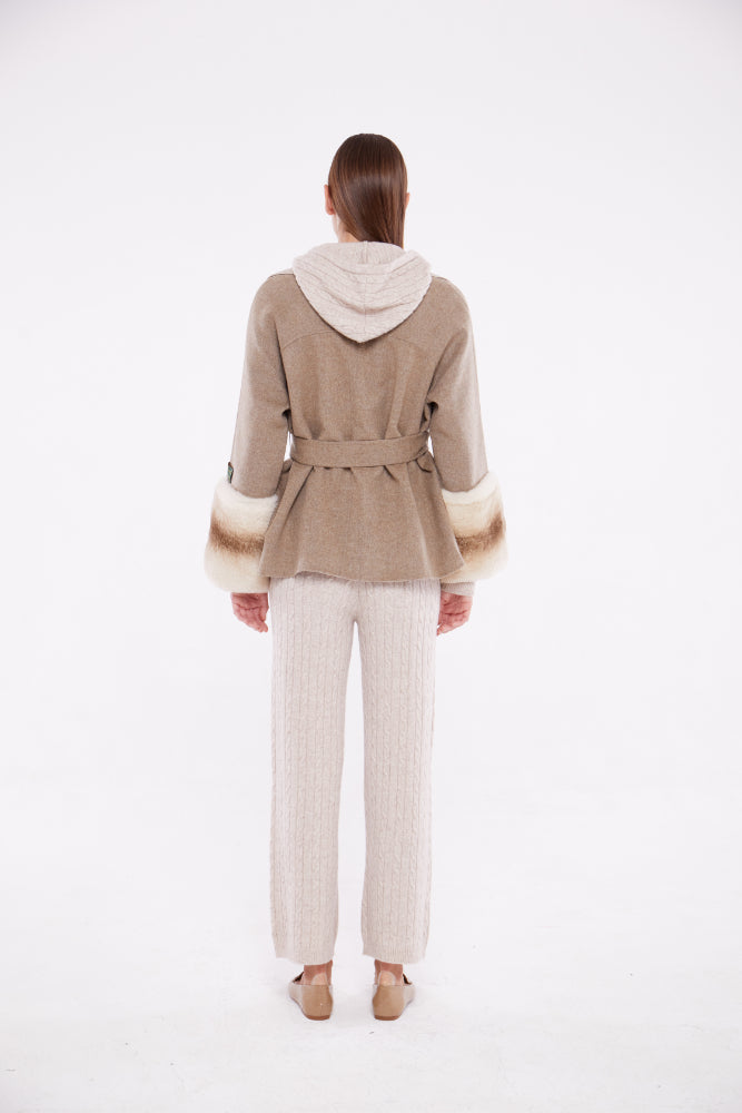 Beige Colour Block Loro Piana Coat With Chinchilla Cuffs