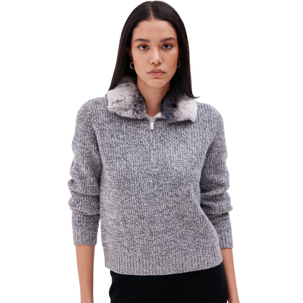 The High Neck Zip Up Pullover with Internal Fur Lining in Ink