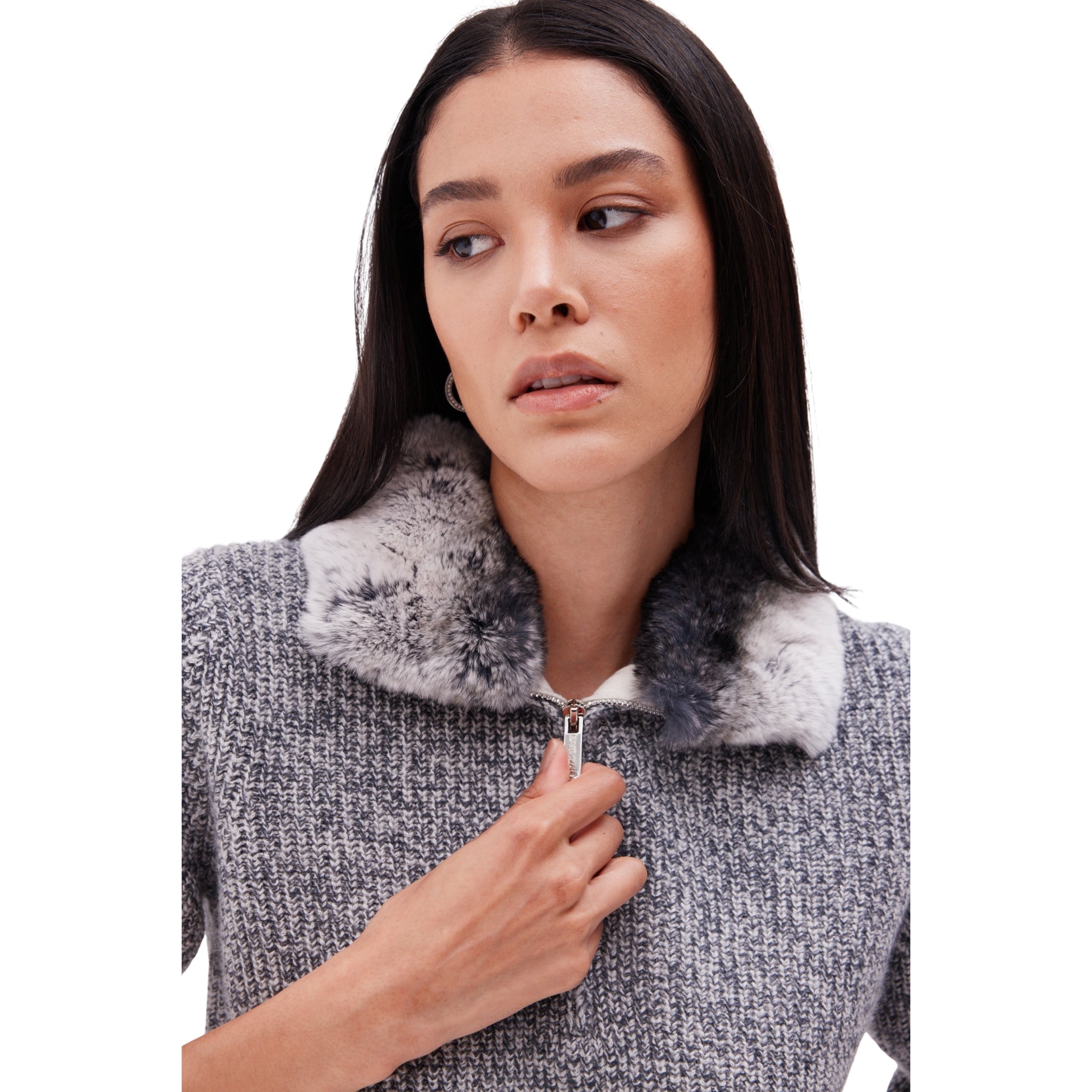 The High Neck Zip Up Pullover with Internal Fur Lining in Ink