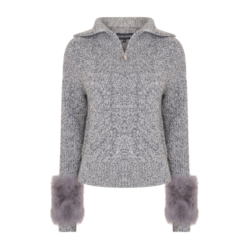 The Zip Up Pullover with Faux Fur Cuffs in Ink