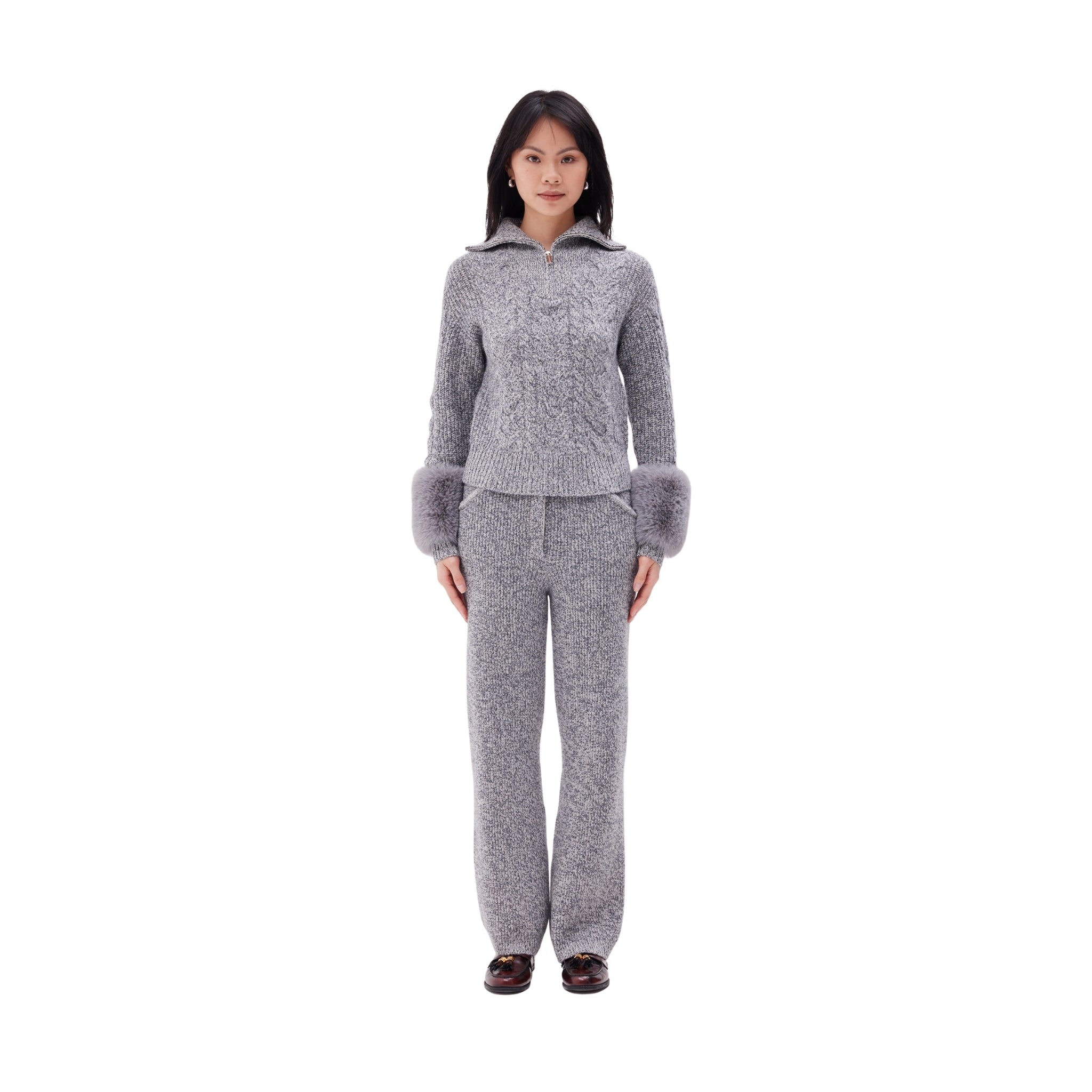 The Zip Up Pullover with Faux Fur Cuffs in Ink