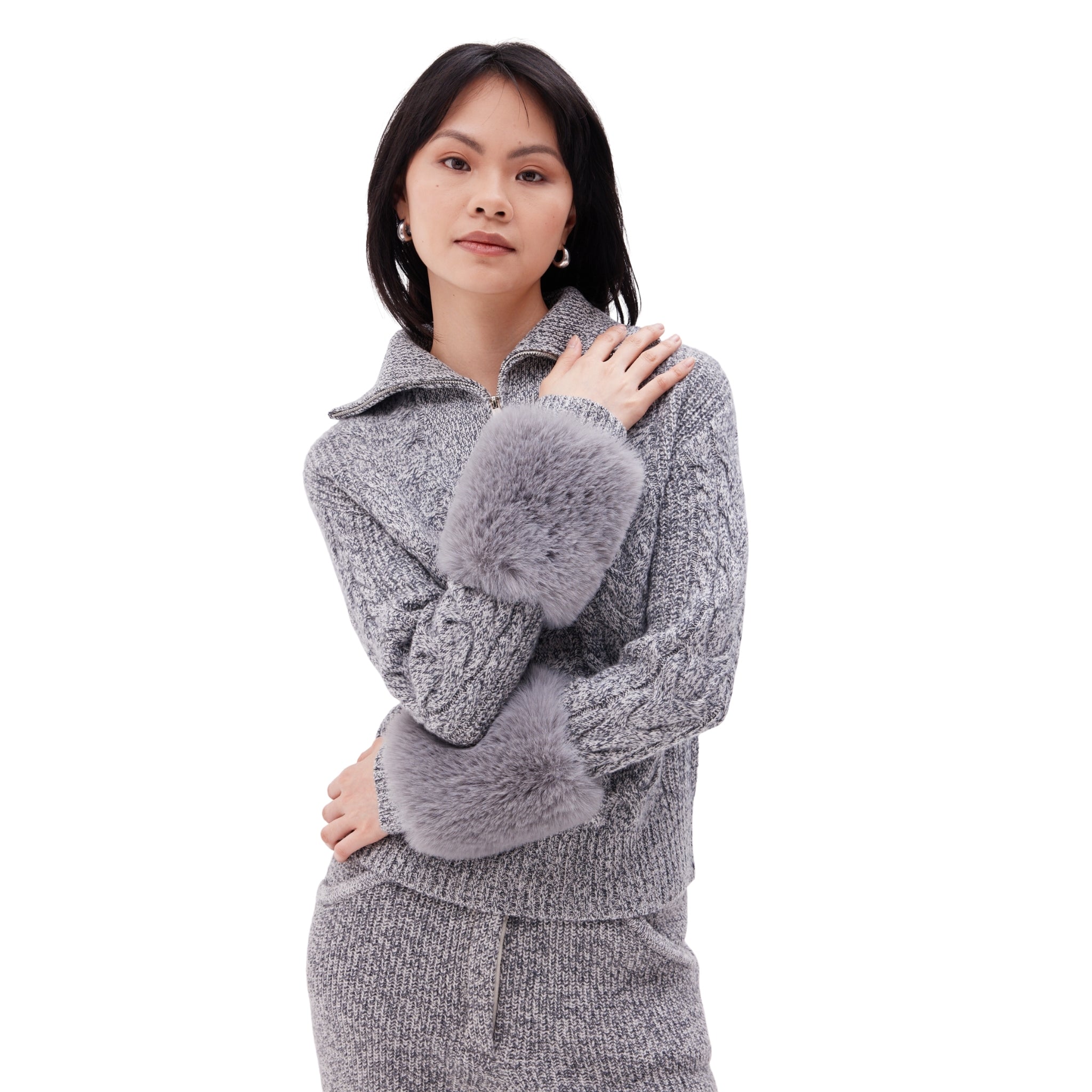 The Zip Up Pullover with Faux Fur Cuffs in Ink