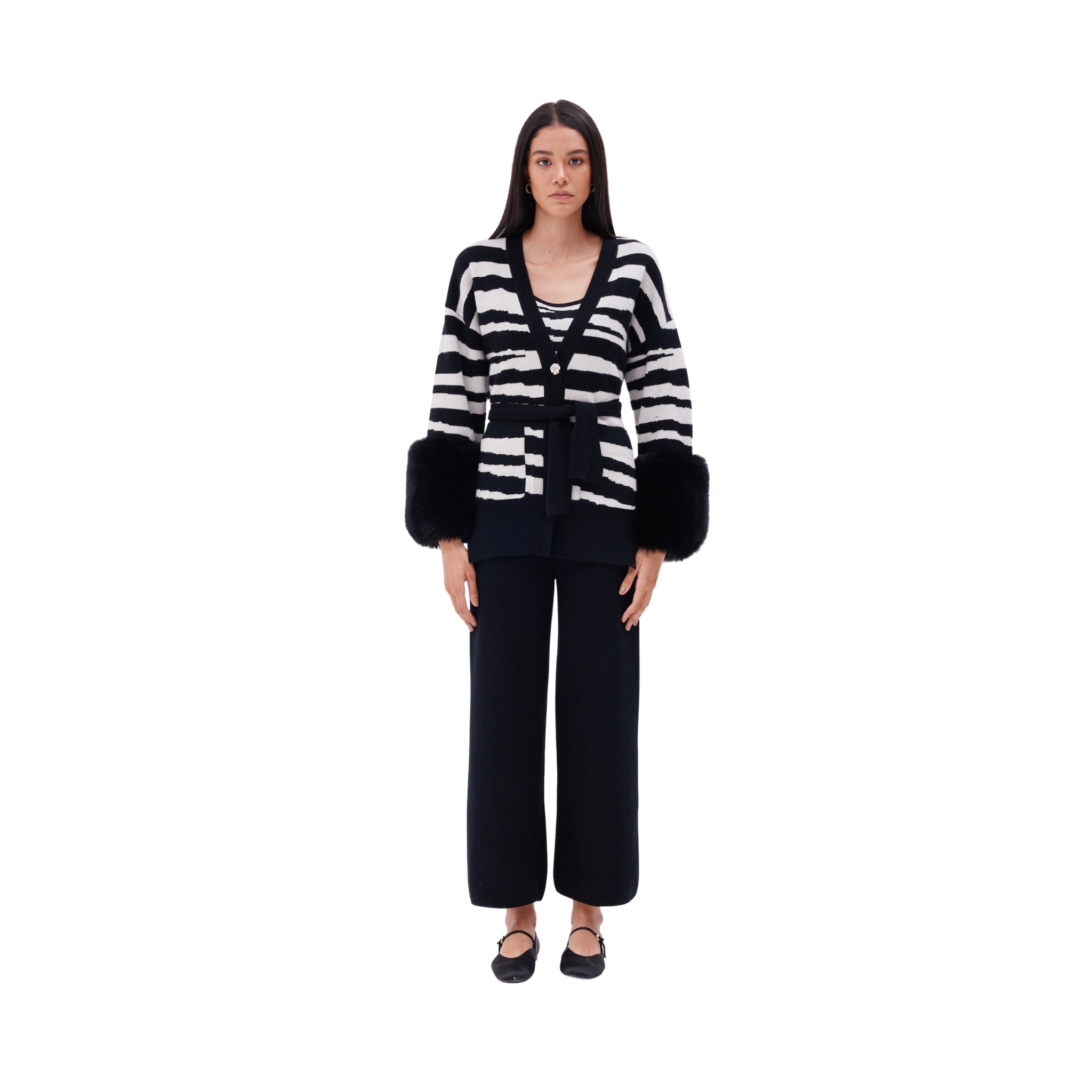 The Belted Cardigan with Faux Cuffs in Zebra