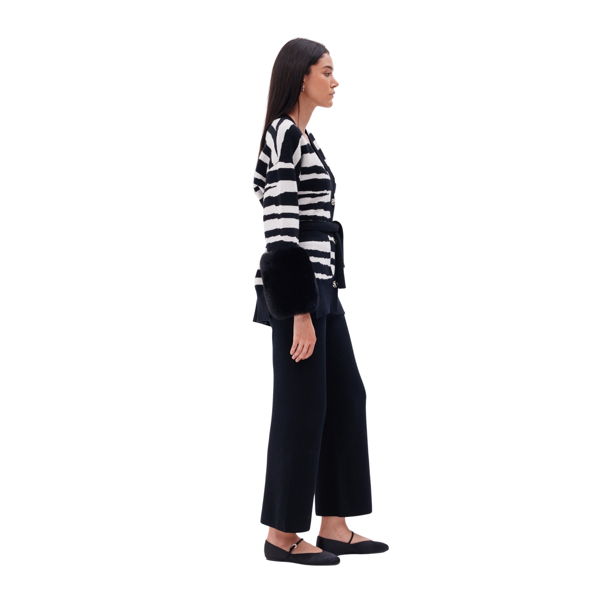 The Belted Cardigan with Faux Cuffs in Zebra