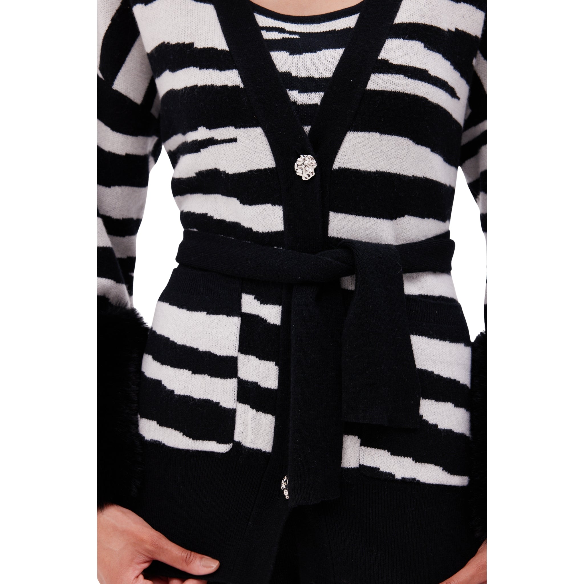 The Belted Cardigan with Faux Cuffs in Zebra