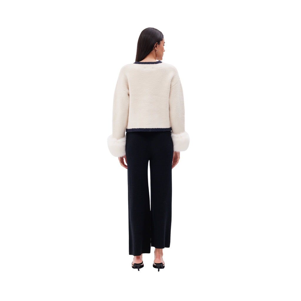 The Textured Cuff Cardigan with Contrast Detailing in Ivory
