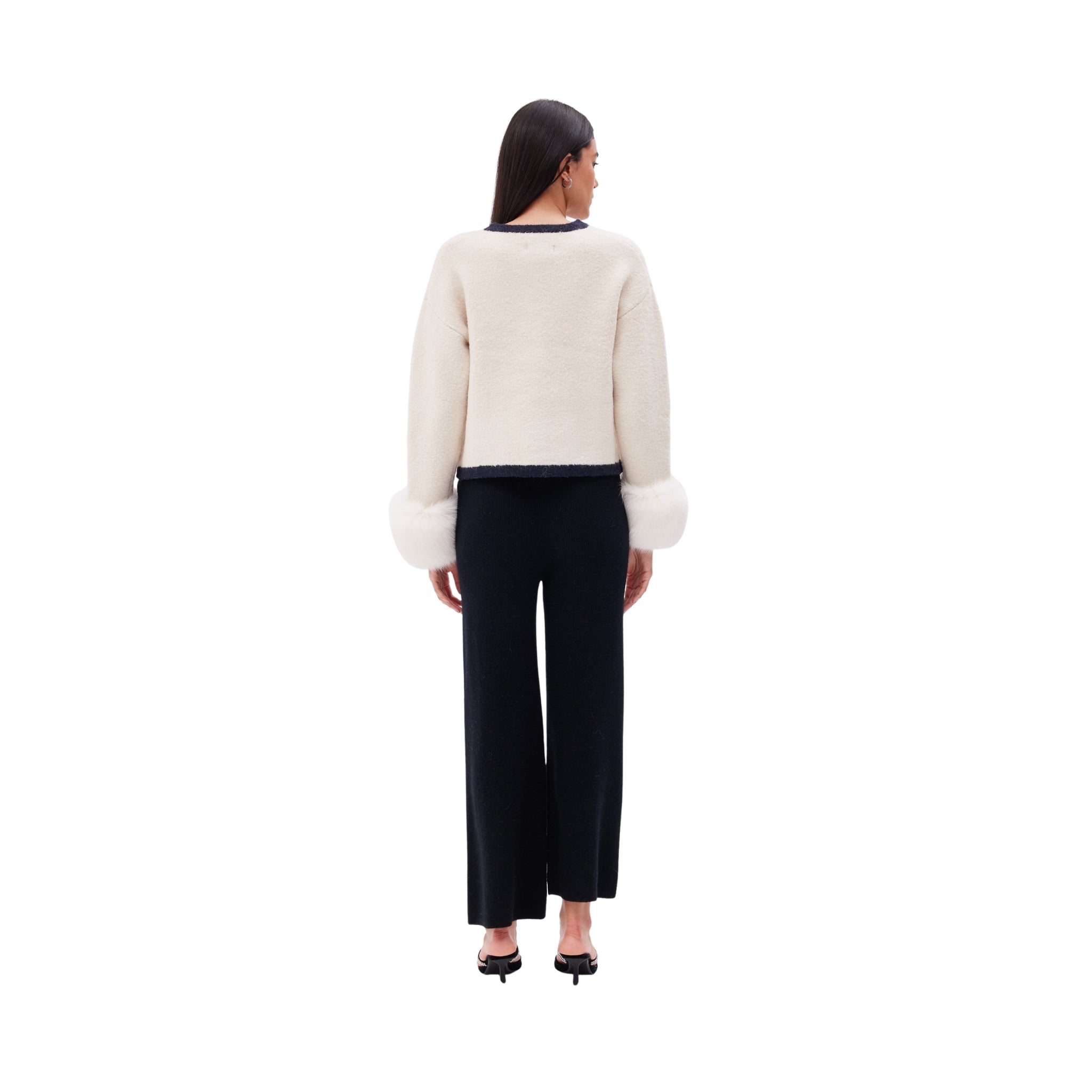 The Textured Cuff Cardigan with Contrast Detailing in Ivory