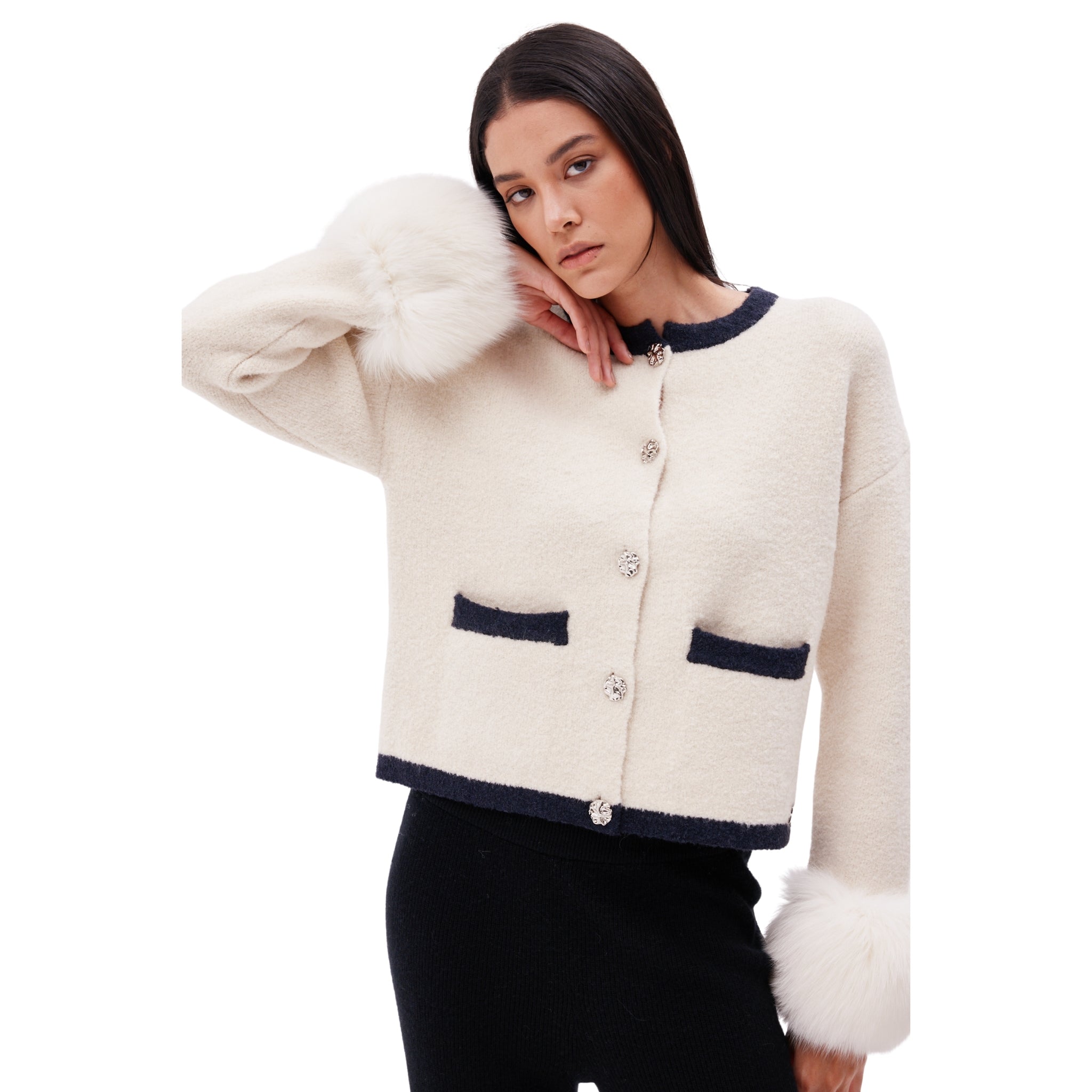 The Textured Cuff Cardigan with Contrast Detailing in Ivory