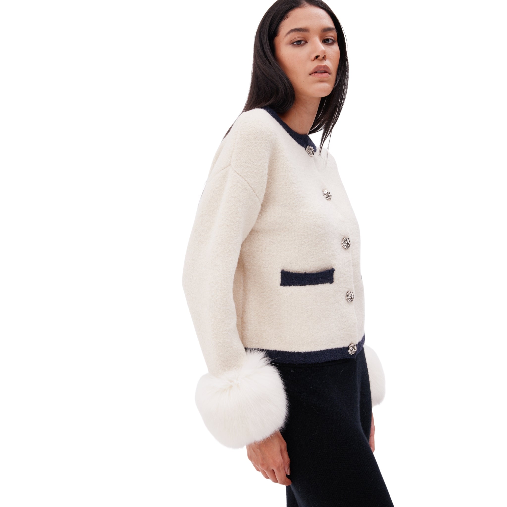 The Textured Cuff Cardigan with Contrast Detailing in Ivory
