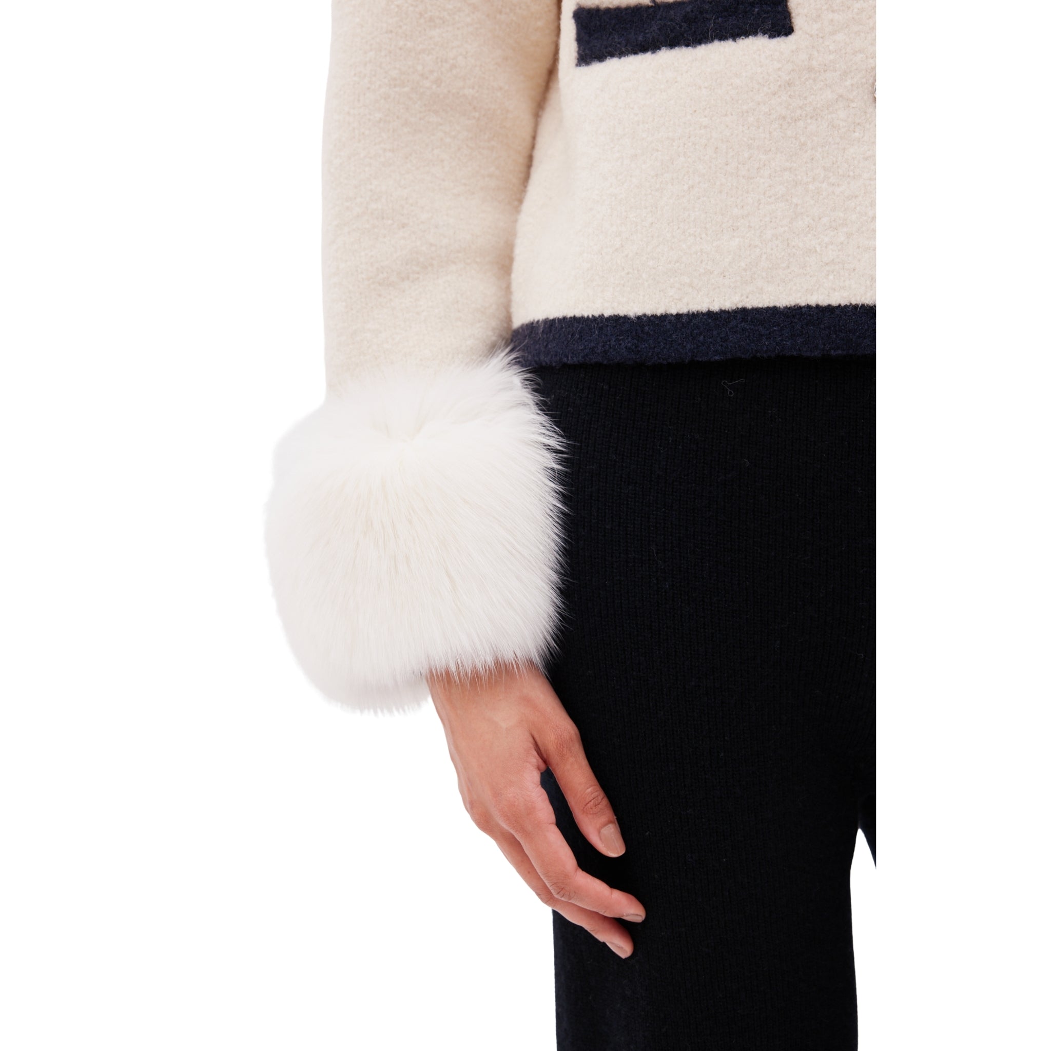 The Textured Cuff Cardigan with Contrast Detailing in Ivory