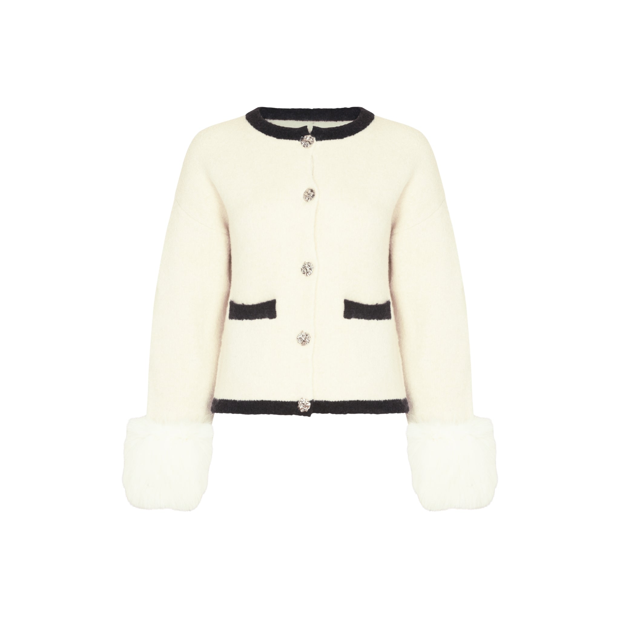 The Textured Cuff Cardigan with Contrast Detailing in Ivory