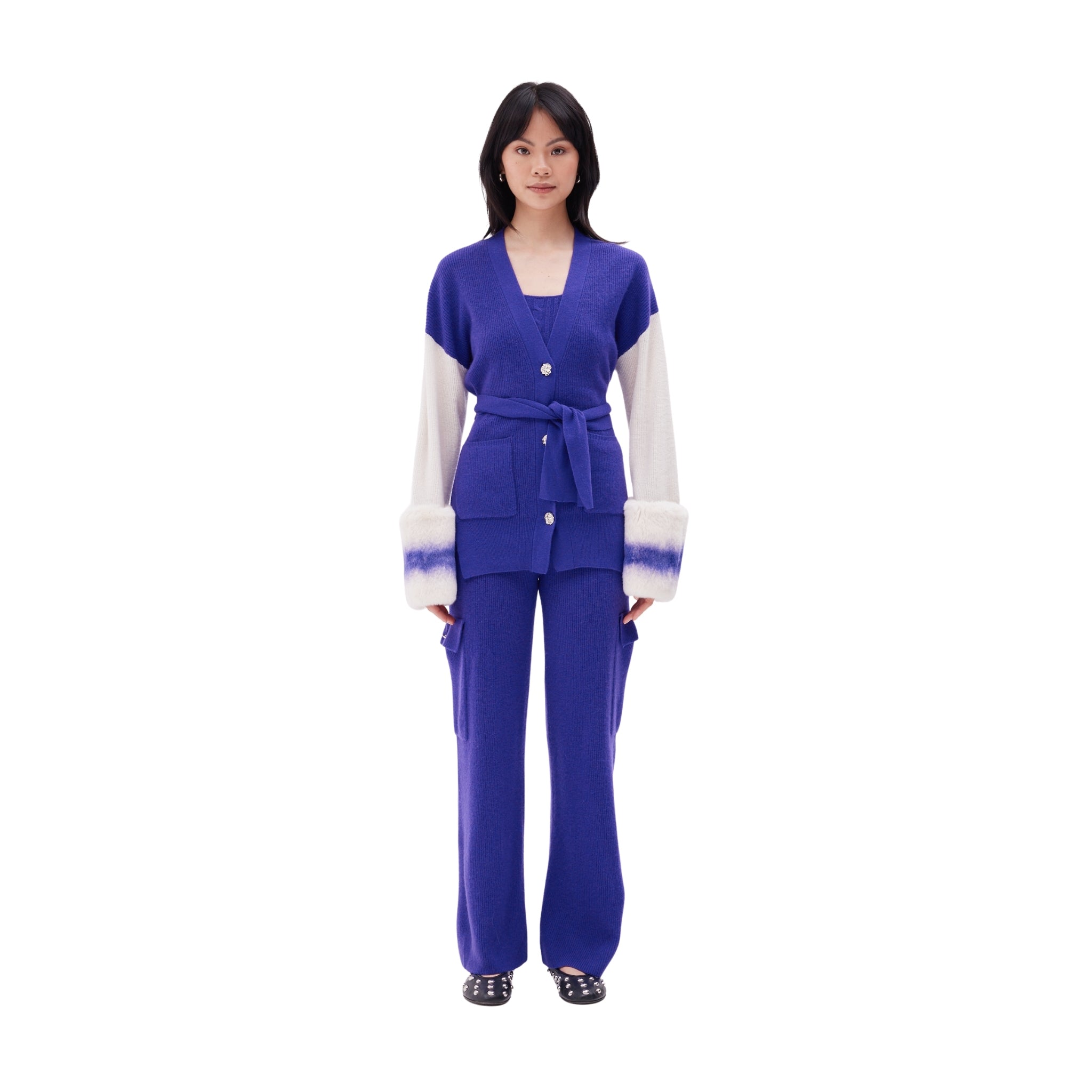 The Belted Cardigan in Royal Violet & Ivory