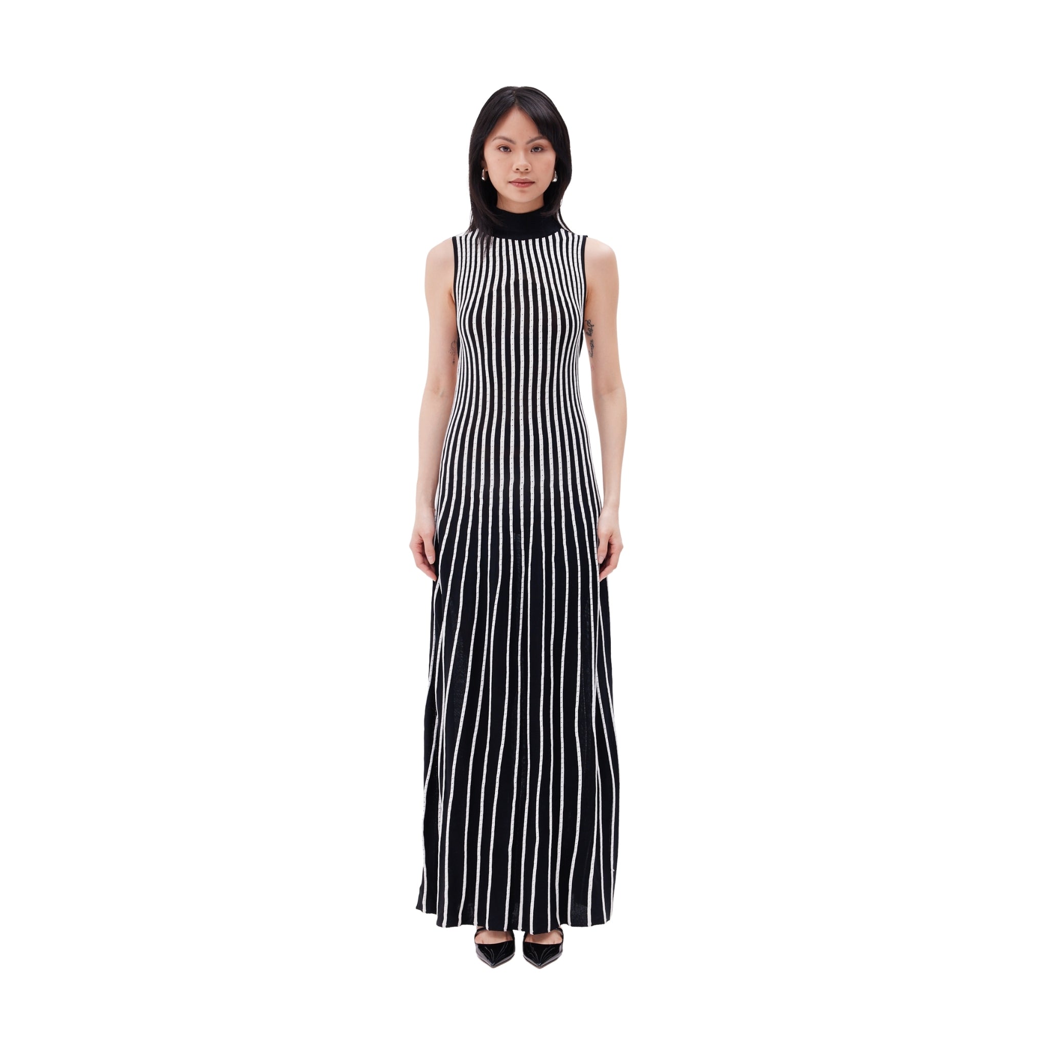 The Striped High Neck Backless Maxi Dress in Black & Ivory