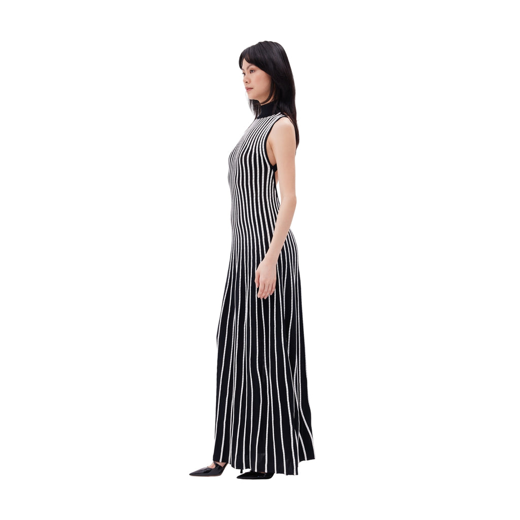 The Striped High Neck Backless Maxi Dress in Black & Ivory