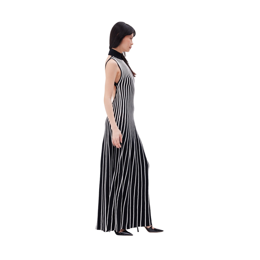 The Striped High Neck Backless Maxi Dress in Black & Ivory