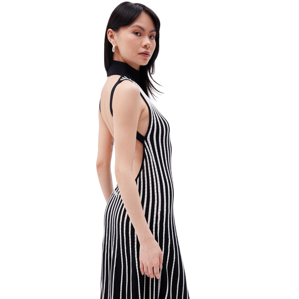 The Striped High Neck Backless Maxi Dress in Black & Ivory