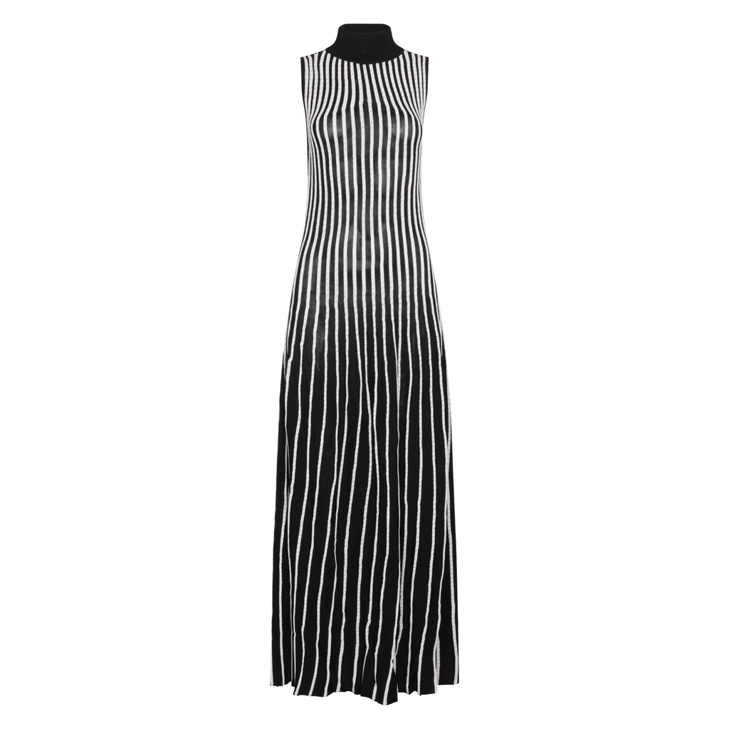 The Striped High Neck Backless Maxi Dress in Black & Ivory