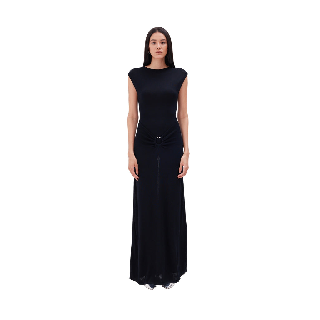 The Metal Detail Boat Neck Maxi Dress in Black