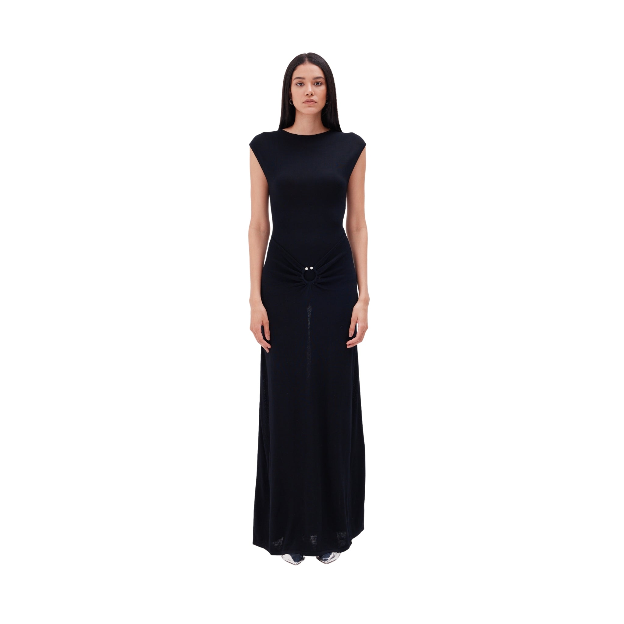 The Metal Detail Boat Neck Maxi Dress in Black
