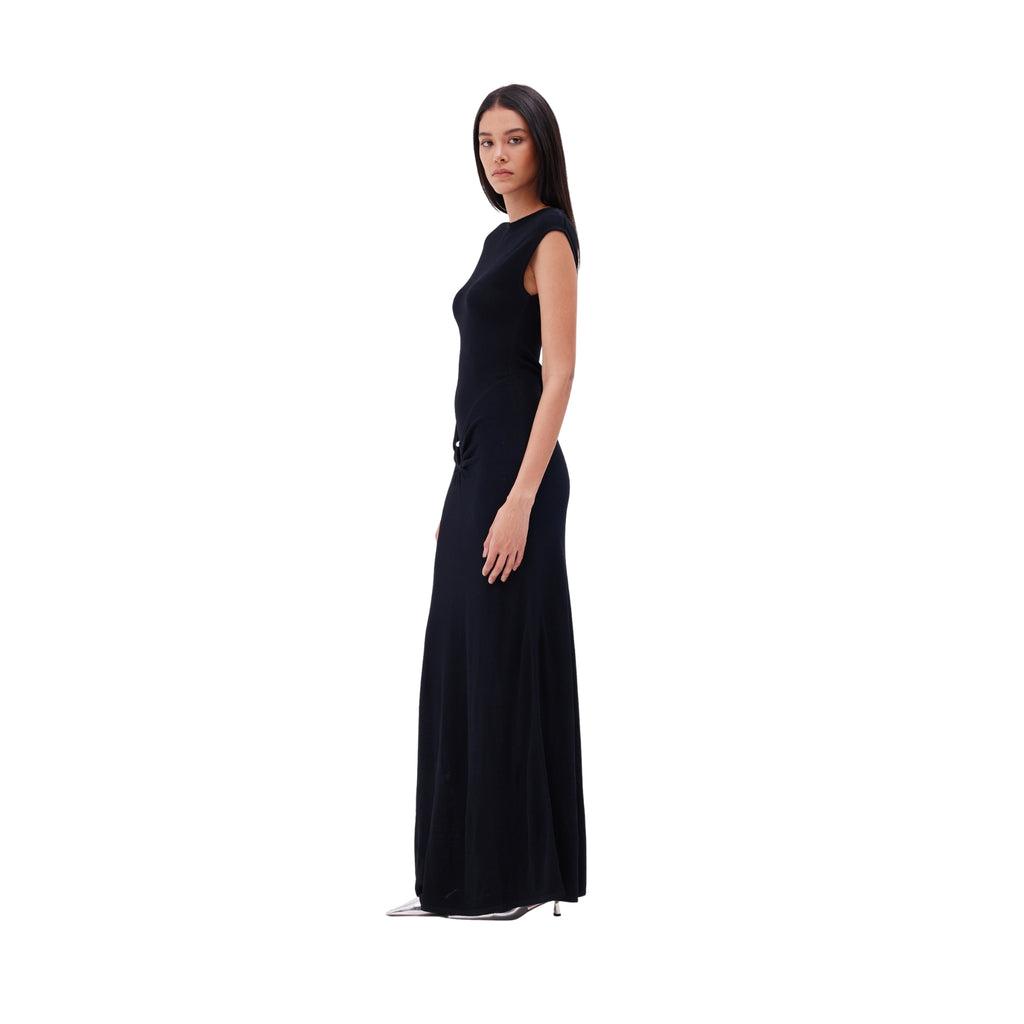 The Metal Detail Boat Neck Maxi Dress in Black