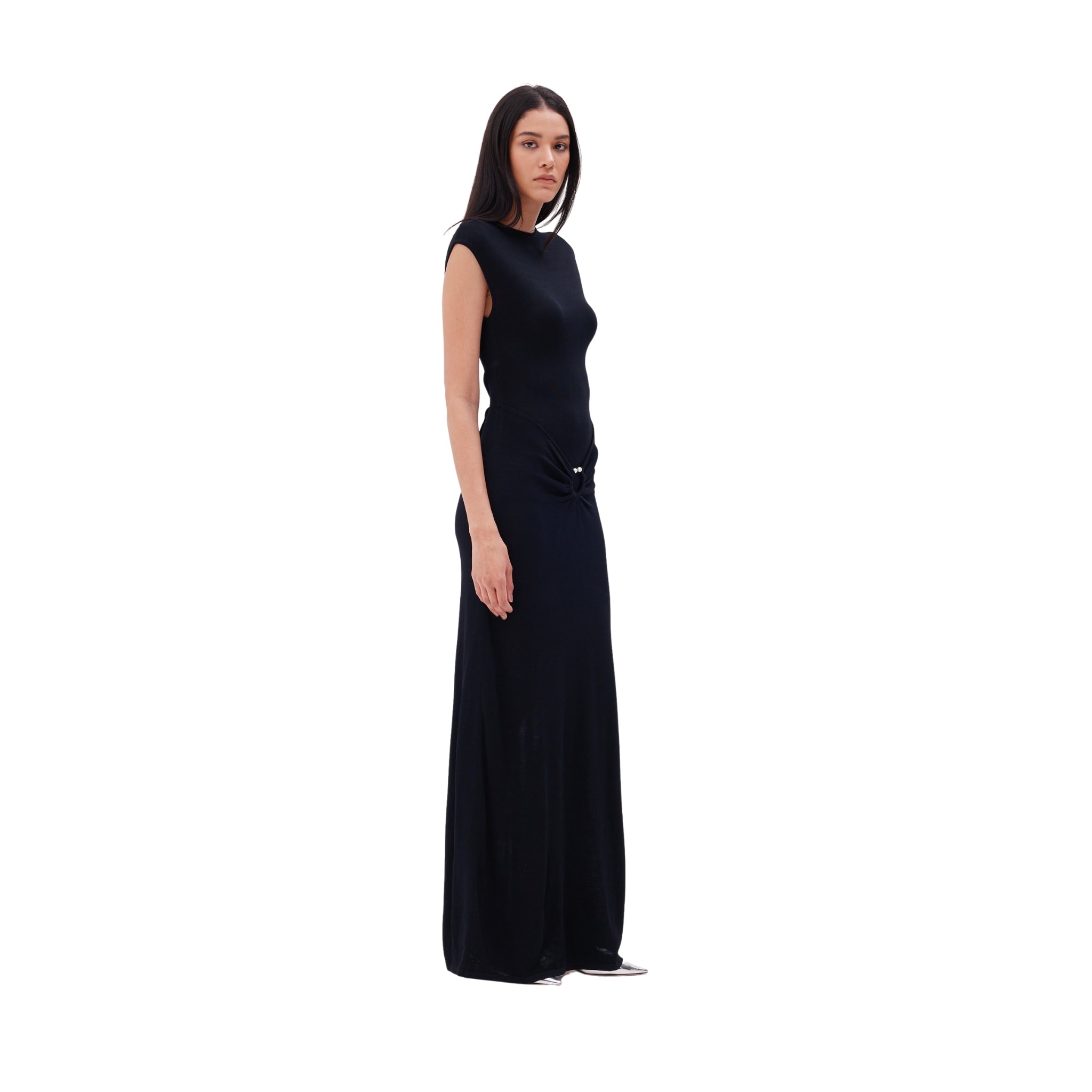 The Metal Detail Boat Neck Maxi Dress in Black