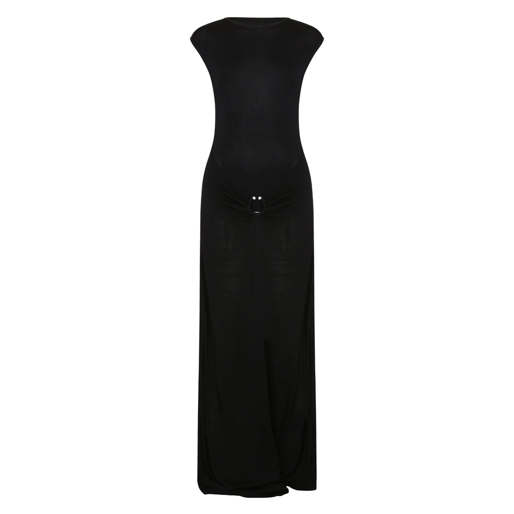 The Metal Detail Boat Neck Maxi Dress in Black