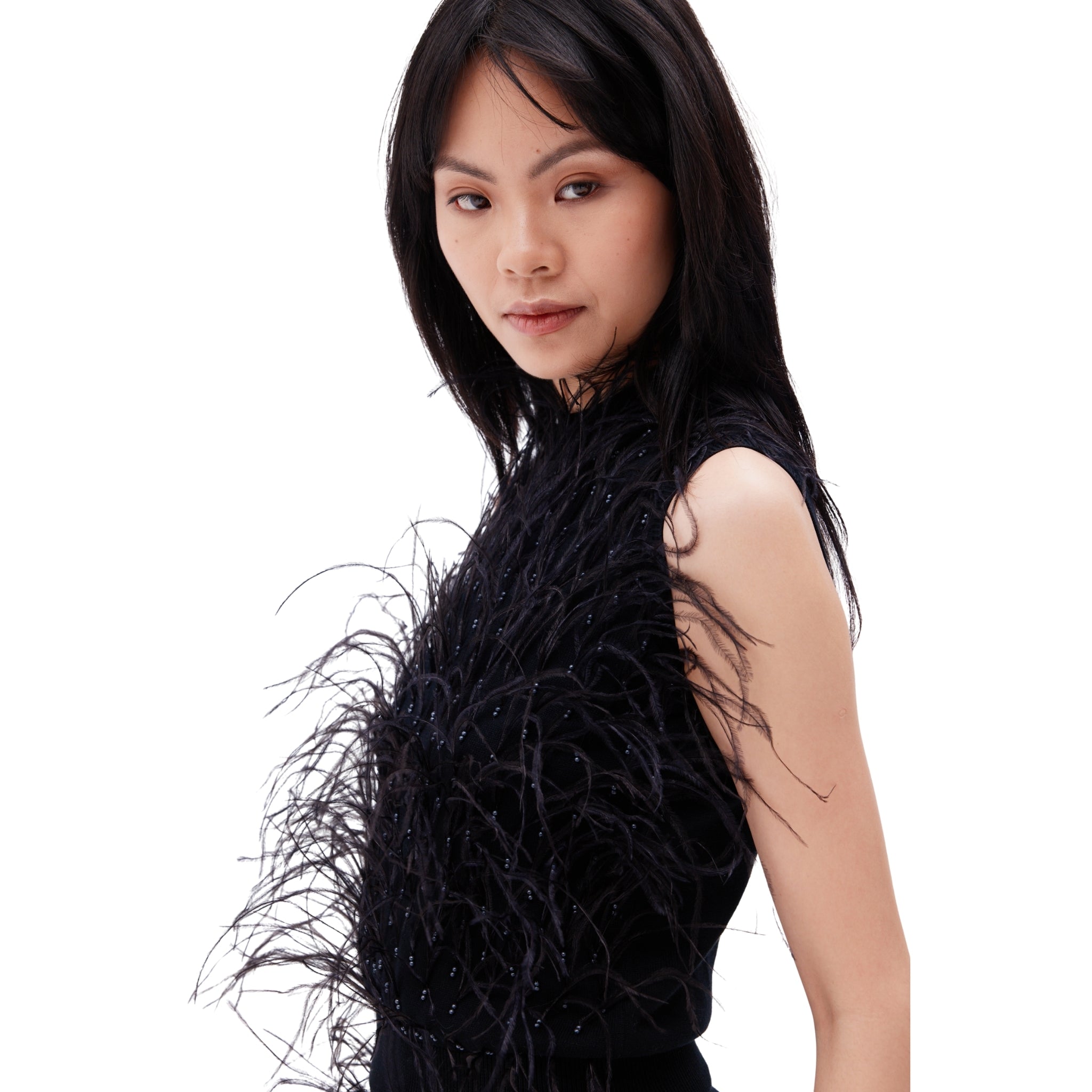 The Feather & Pearl Detail Sleeveless Blouse in Black