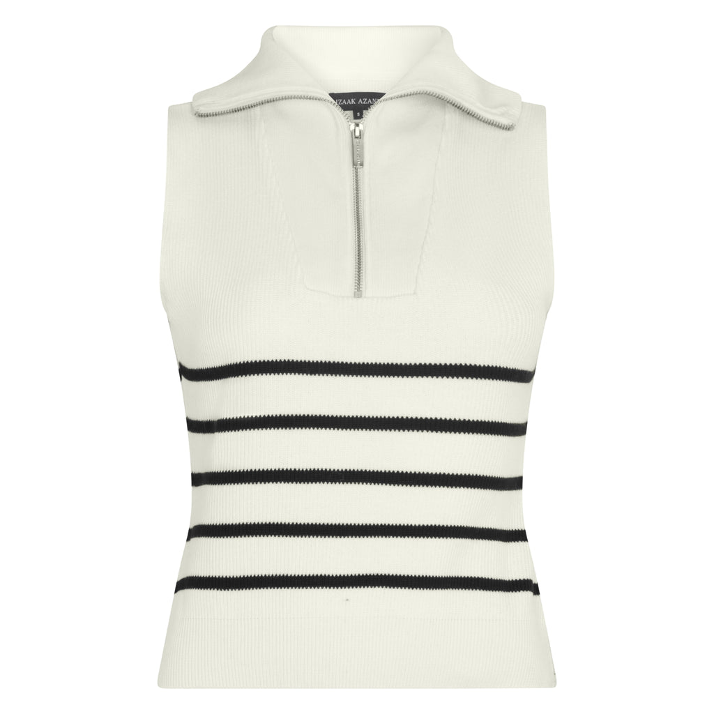 The Sleeveless Striped Zip Up Sweater in Meringue & Black