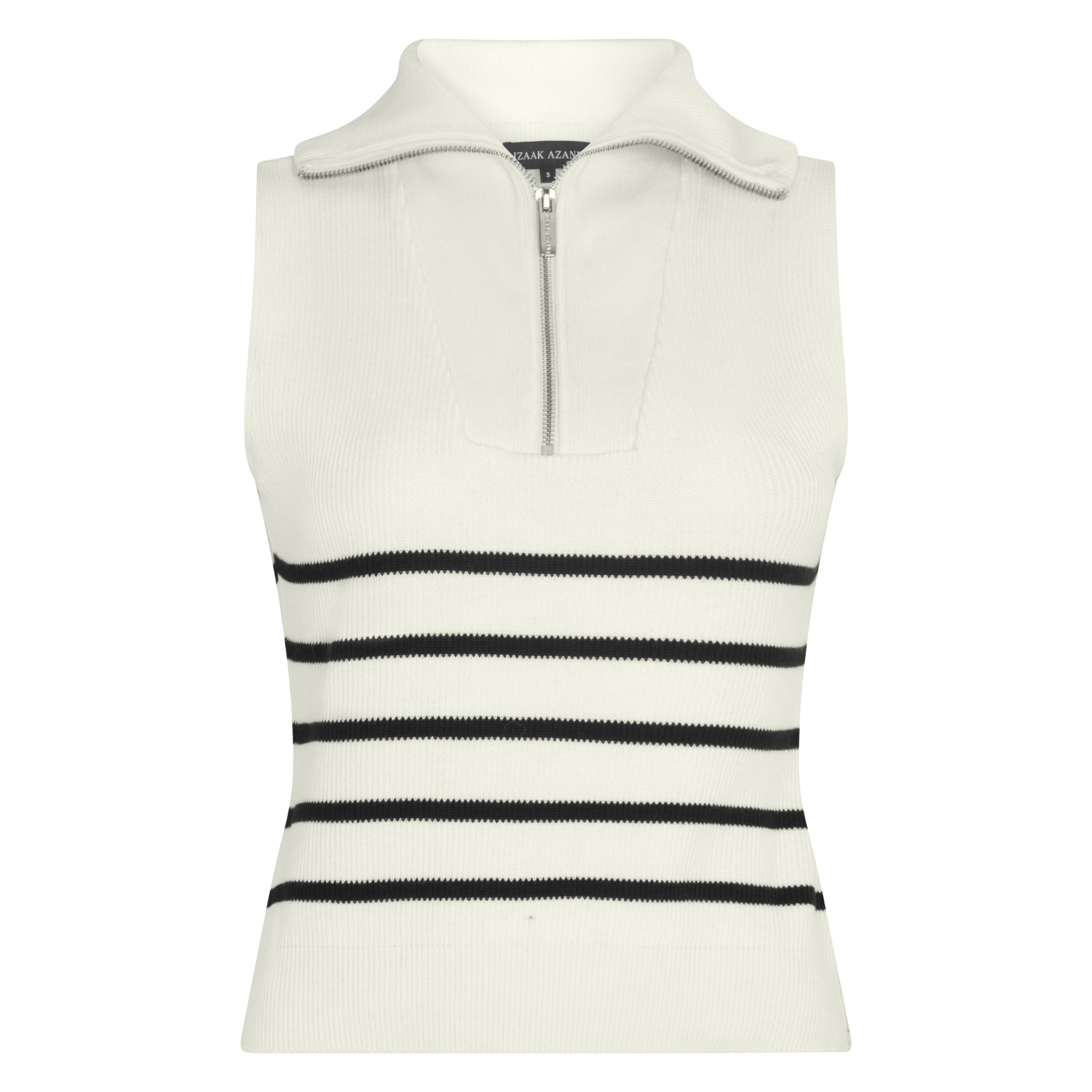 The Sleeveless Striped Zip Up Sweater in Meringue & Black