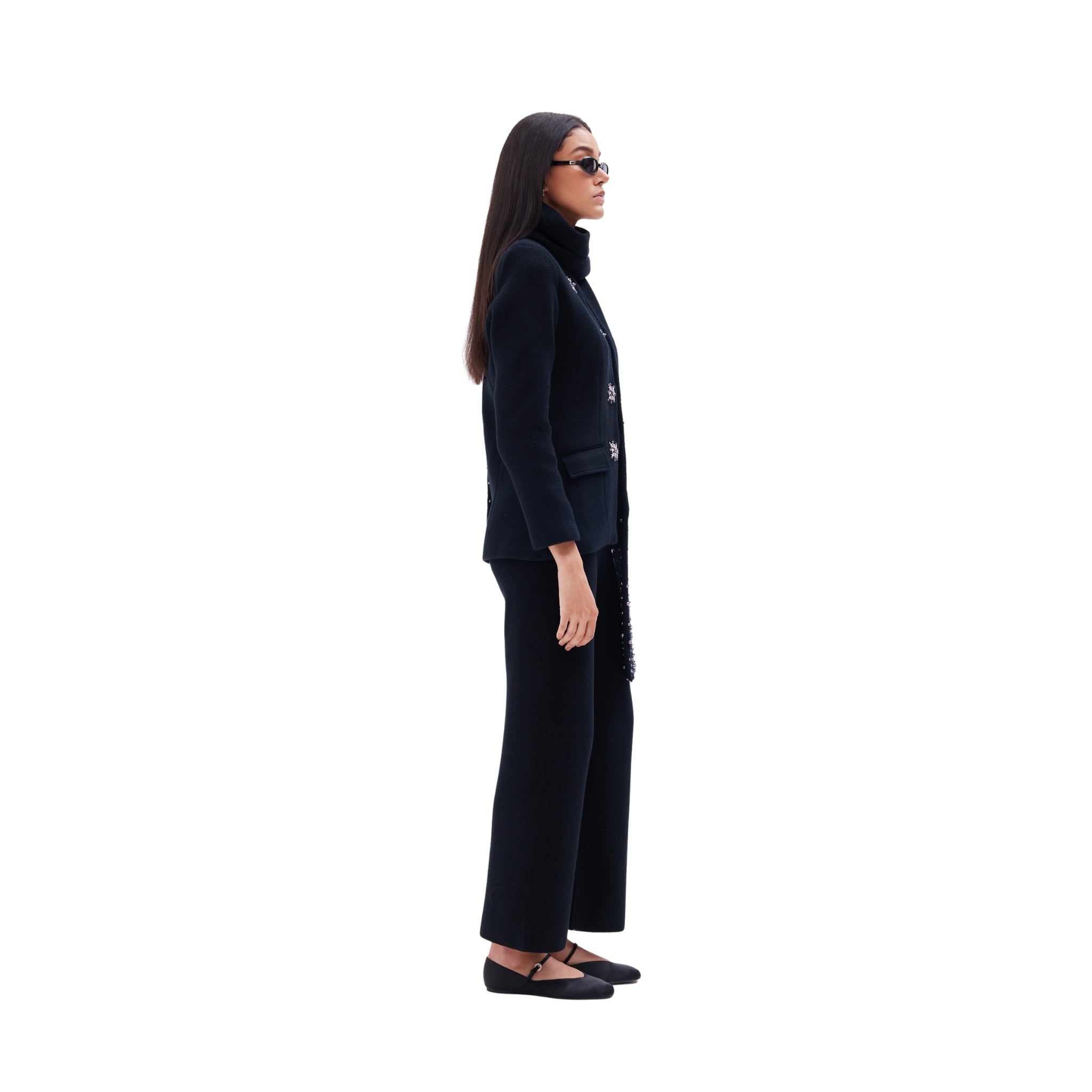 The Button Detail Nehru Collar Jacket with Matching Scarf in Black