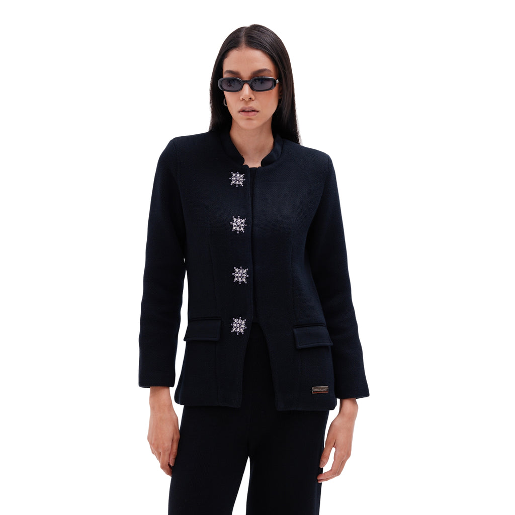 The Button Detail Nehru Collar Jacket with Matching Scarf in Black