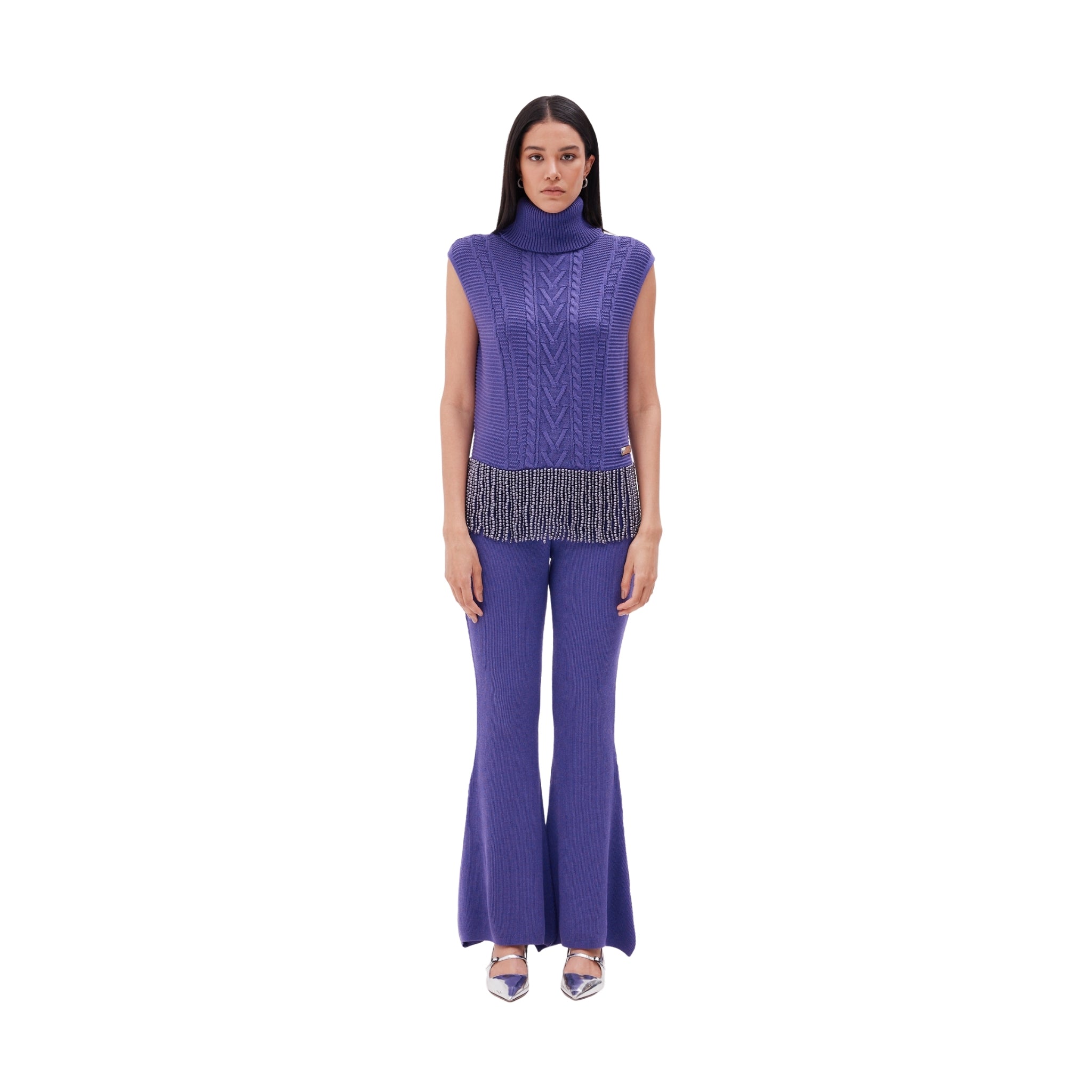 The High Neck Pearl Trim Blouse in Amethyst